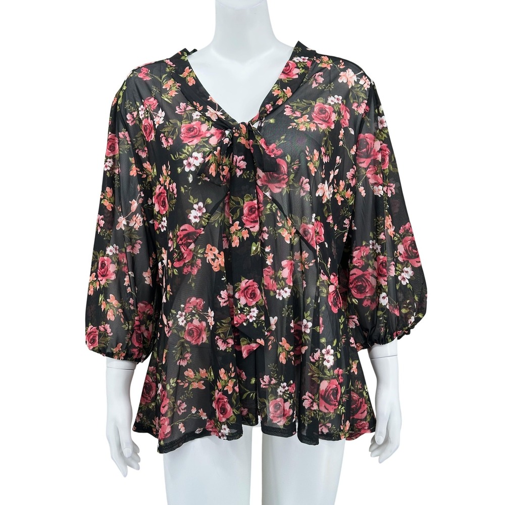 Floral Tie-Neck Blouse - Black with Pink Rose Print